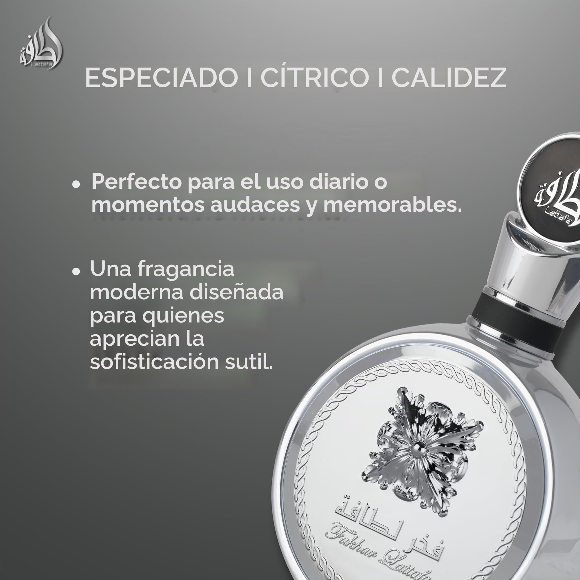 Lattafa Fakhar Platin – Cítrico, especiado, aromático, amaderado